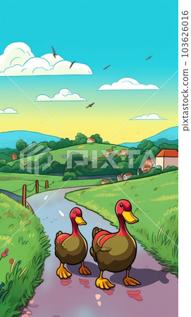 Two turkeys walking down a country road. Generative AI image. 103626016