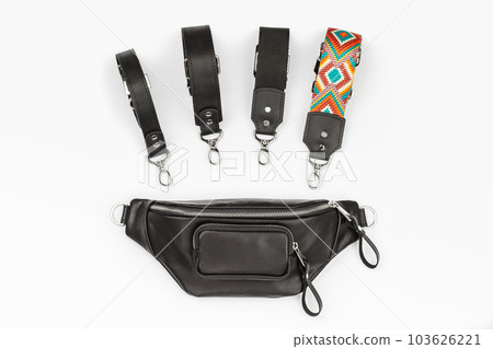 Black Leather Fanny Pack and Straps Top View Black Leather Fanny Pack and Straps Top View 103626221