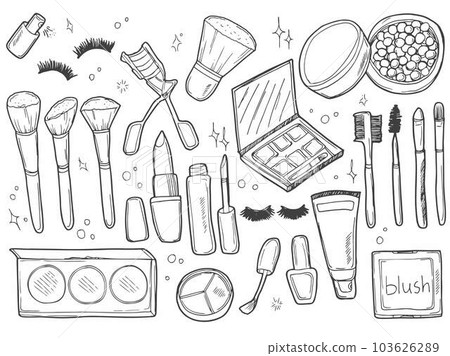 Beauty Make up Fashion Girl Day Doodle Icons Hand Made vector illustration sketch. 103626289