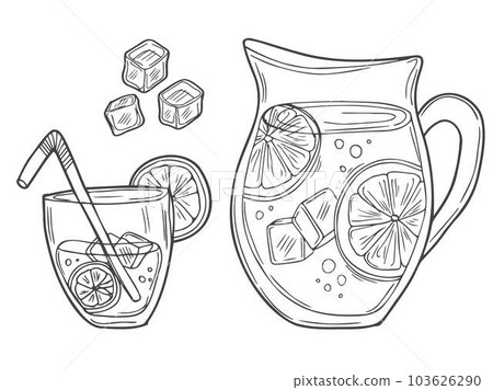 Jug with lemonade. Lemonade with lemon slices and mint. Homemade drink. Vector illustration in doodle style. Jug with lemonade. Lemonade with lemon slices and mint. Homemade drink. Vector illustration in doodle style. 103626290