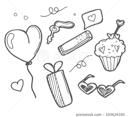Greeting card for Happy St. Valentine's Day. Vector illustration about love, with hearts, flowers, gifts. Set of hand drawn isolated doodles. Greeting card for Happy St. Valentine's Day. Vector illustration about love, with hearts, flowers, gifts. Set of hand drawn isolated doodles. 103626385