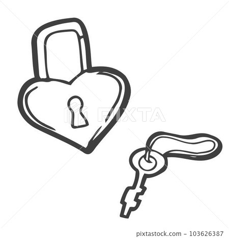 Doodle Valentine's Day hearts padlock set. Hand drawn outline love symbol on white background. Cute greeting hearts lock, key image. February 14, wedding, marry me sign. Vector Valentines illustration Doodle Valentine's Day hearts padlock set. Hand drawn outline love symbol on white background. Cute greeting hearts lock, key image. February 14, wedding, marry me sign. Vector Valentines illustration 103626387