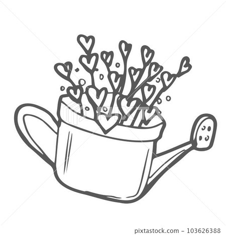 A watering can with hearts on stalks inside it. Simple decorative design element. The outline illustration is hand-drawn, isolated on a white background. Black white vector A watering can with hearts on stalks inside it. Simple decorative design element. The outline illustration is hand-drawn, isolated on a white background. Black white vector 103626388