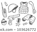 Doodle war icons set. Sketch of Army elements and equipment. Isolated on white background 103626772
