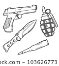 Hand drawn weapons doodle set in vector. Hand grenade, gun, army knife and bullet. 103626773
