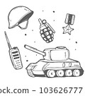 Military and War elements in vector. Army set. Traditional Doodle Drawn Sketch Hand Made Design. 103626777