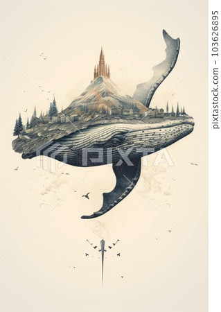 A whale with a castle in the background. Generative AI image. A whale with a castle in the background. Generative AI image. 103626895