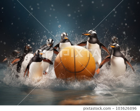 A group of penguins playing basketball in the water. Generative AI image. A group of penguins playing basketball in the water. Generative AI image. 103626896