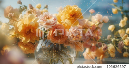 A vase filled with yellow and pink flowers. Generative AI image. 103626897