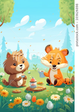 A couple of animals sitting on top of a lush green field. Generative AI image. A couple of animals sitting on top of a lush green field. Generative AI image. 103626898