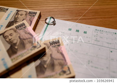 Divorce papers and wads of money arranged side by side, alimony, property division, child support 103626941