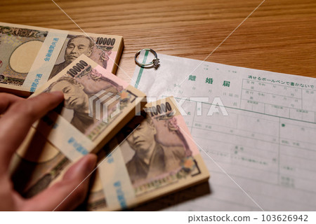 並排排列的離婚文件和一疊錢，贍養費，財產分割，子女撫養費 103626942