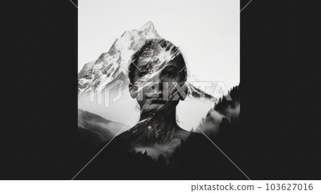 A black and white photo of a person with a mountain in the background. Generative AI image. 103627016