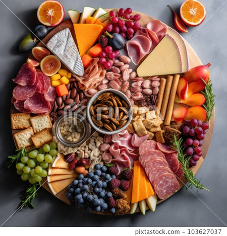 A platter of meat, cheese, fruit, nuts, and crackers. Generative AI image. 103627037