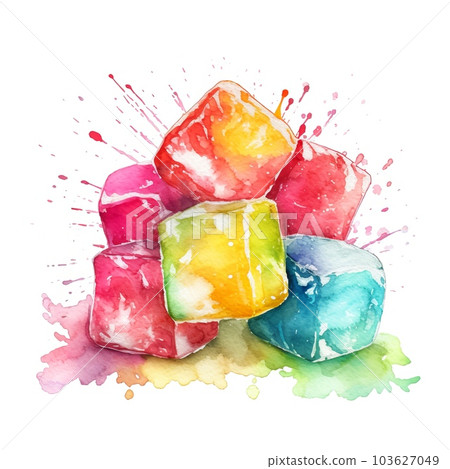 Sweet Sour Candy Watercolor Square Background. Sweet Dessert From Confectionery. Ai Generated, Drawn With Paint Splashes On White Background Delicious Flavory Sour Candy. 103627049