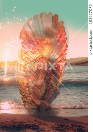 A shell on the beach with the sun in the background. Generative AI image. 103627076