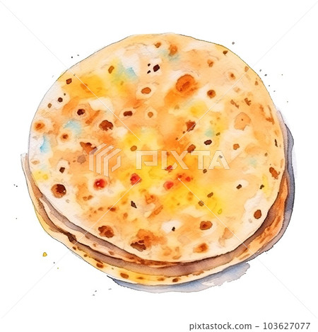 Freshly Baked Tortilla Flatbread Watercolor Square Background. Crusty Pastry, Gourmet Bakery. Ai Generated, Drawn With Paint Splashes On White Background Aromatic Traditional Tortilla Flatbread. 103627077
