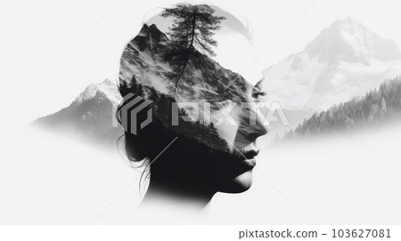 A person with a mountain in the background. Generative AI image. A person with a mountain in the background. Generative AI image. 103627081