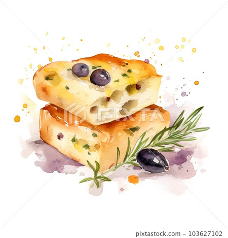 Freshly Baked Focaccia Bread Watercolor Square Background. Crusty Pastry, Gourmet Bakery. Ai Generated, Drawn With Paint Splashes On White Background Aromatic Traditional Focaccia Bread. 103627102