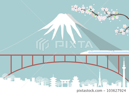 日本風景 旅遊形象 富士山、櫻花和新幹線 103627924
