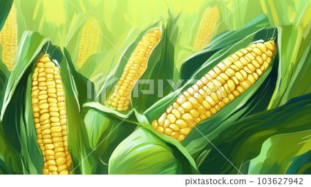 Fresh Organic Corn Vegetable Cartoon Horizontal Background Illustration. Healthy Vegetarian Diet. Ai Generated drawing Background Illustration with Delicious Juicy Corn Vegetable. 103627942