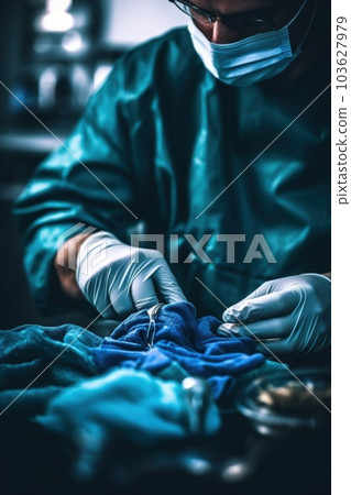 A man in a green uniform is doing surgery. Generative AI image. 103627979