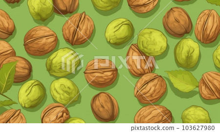 Organic Walnut Nuts Cartoon Horizontal Background Illustration. Nutritious Vegetarian Protein Snack. Ai Generated drawing Background Illustration with Delicious Tasty Walnut Nuts. 103627980