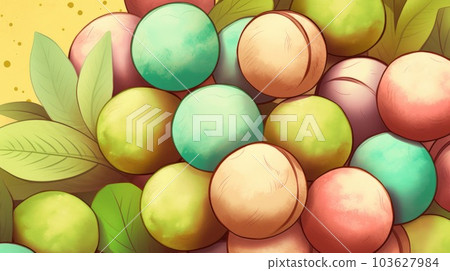 Organic Macadamia Nuts Cartoon Horizontal Background Illustration. Nutritious Vegetarian Protein Snack. Ai Generated drawing Background Illustration with Delicious Tasty Macadamia Nuts. 103627984