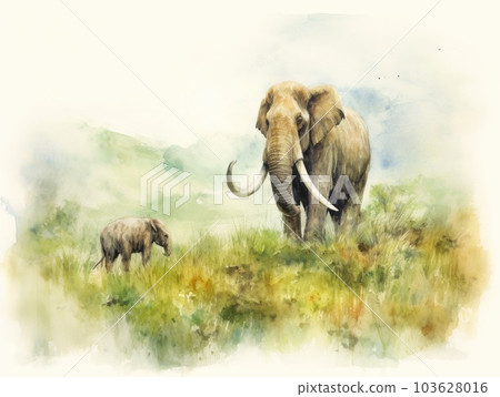 A painting of an elephant and a baby elephant in a field. Generative AI image. 103628016