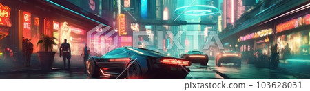 A futuristic car driving down a city street at night. Generative AI image. 103628031