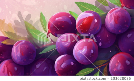 Fresh Organic Plum Fruit Cartoon Horizontal Background Illustration. Healthy Vegetarian Diet. Ai Generated drawing Background Illustration with Delicious Juicy Plum Fruit. 103628086
