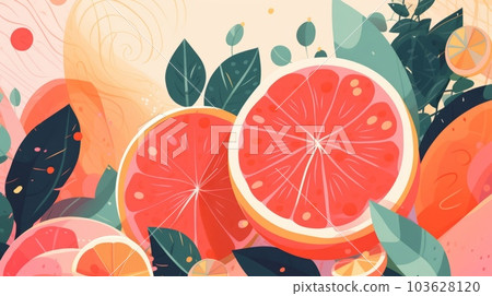Fresh Organic Grapefruit Fruit Cartoon Horizontal Background Illustration. Healthy Vegetarian Diet. Ai Generated drawing Background Illustration with Delicious Juicy Grapefruit Fruit. 103628120