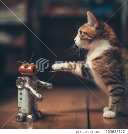 A cat playing with a toy robot on a table. Generative AI image. A cat playing with a toy robot on a table. Generative AI image. 103628122