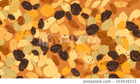 Organic Dried Raisins Berry Cartoon Horizontal Background Illustration. Healthy Vegetarian Energy Snack. Ai Generated drawing Background Illustration with Delicious Chewy Dried Raisins Berry. 103628151