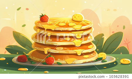 Freshly Baked Pancake Cartoon Horizontal Background Illustration. Crusty Pastry, Gourmet Bakery. Ai Generated drawing Background Illustration with Aromatic Traditional Pancake . 103628391