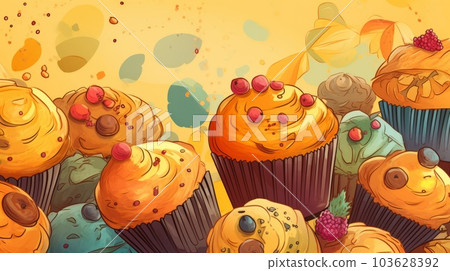 Freshly Baked Muffin Cartoon Horizontal Background Illustration. Crusty Pastry, Gourmet Bakery. Ai Generated drawing Background Illustration with Aromatic Traditional Muffin . 103628392