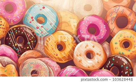 Freshly Baked Donut Pastry Cartoon Horizontal Background Illustration. Crusty Pastry, Gourmet Bakery. Ai Generated drawing Background Illustration with Aromatic Traditional Doughnut . 103628448