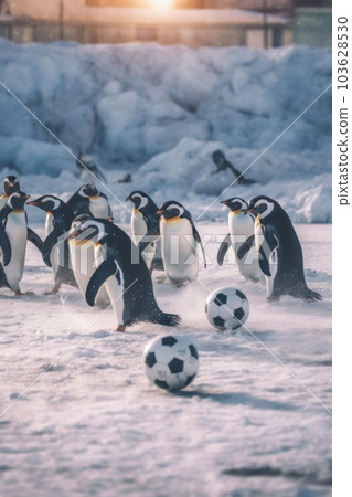 A group of penguins playing soccer in the snow. Generative AI image. 103628530