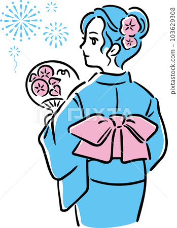 Summer yukata women fireworks festival hand drawn kimono simple stylish illustration materials 103629308