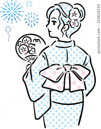 Summer yukata women fireworks festival hand drawn kimono simple pop illustration material 103629310