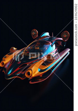 A futuristic race car is shown on a black background. Generative AI image. A futuristic race car is shown on a black background. Generative AI image. 103629902
