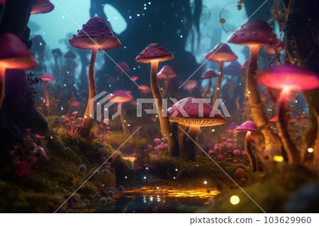 A group of mushrooms that are standing in the grass. Generative AI image. 103629960