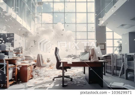 A messy office with a lot of clutter on the floor. Generative AI image. 103629971