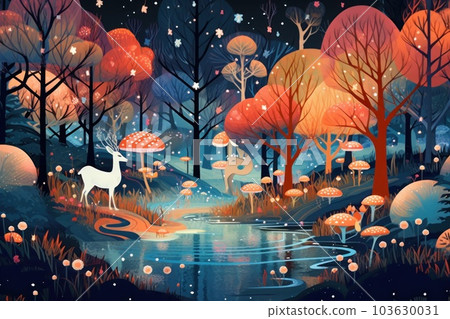 A painting of a white horse in a forest. Generative AI image. 103630031