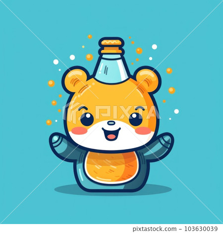 A cartoon bear holding a bottle of liquid. Generative AI image. 103630039