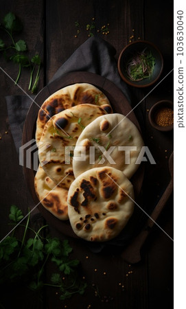 Freshly Baked Naan Flatbread Photorealistic Vertical Background. Crusty Pastry, Gourmet Bakery. Ai Generated Lifelike Background with Aromatic Traditional Naan Flatbread. 103630040