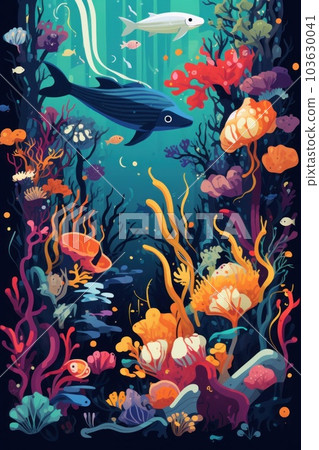 An underwater scene with a whale and fish. Generative AI image. 103630041