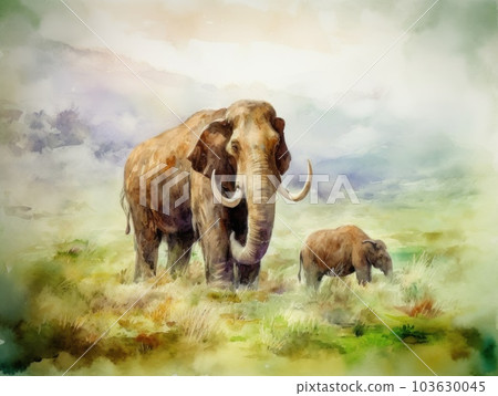 A painting of two elephants in a field. Generative AI image. 103630045