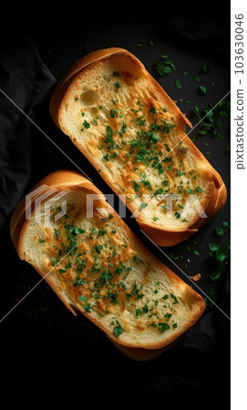 Freshly Baked Garlic Bread Photorealistic Vertical Background. Crusty Pastry, Gourmet Bakery. Ai Generated Lifelike Background with Aromatic Traditional Garlic Bread. 103630046