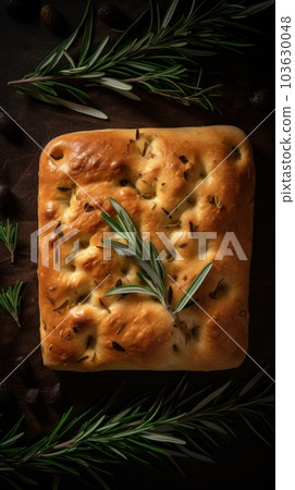 Freshly Baked Focaccia Bread Photorealistic Vertical Background. Crusty Pastry, Gourmet Bakery. Ai Generated Lifelike Background with Aromatic Traditional Focaccia Bread. 103630048
